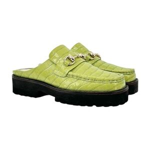 INTENTIONALLY BLANK Green Mules with Gold Accents